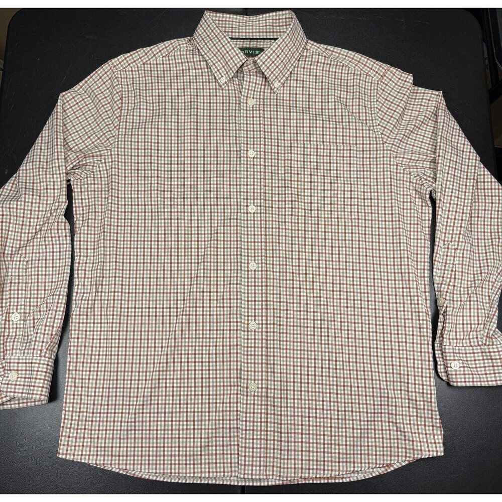 ORVIS Men's Long Sleeve Active Fit Size Large Plaid Orange Nylon Blend